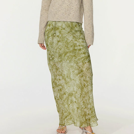 Sagestu Floating Green Ink Washed Paisley Long Dress Printed Hem Skirt