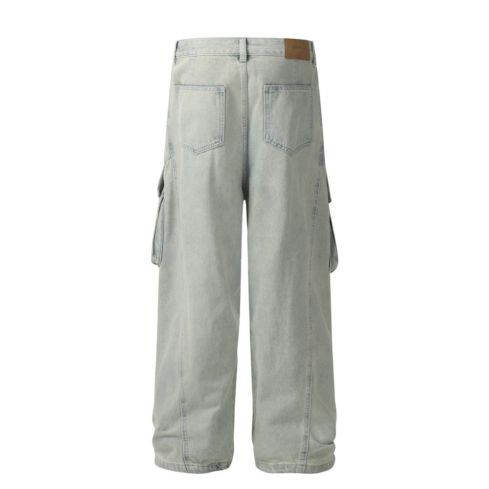 Old washed denim cargo jeans