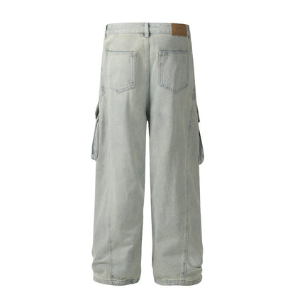 Old washed denim cargo jeans