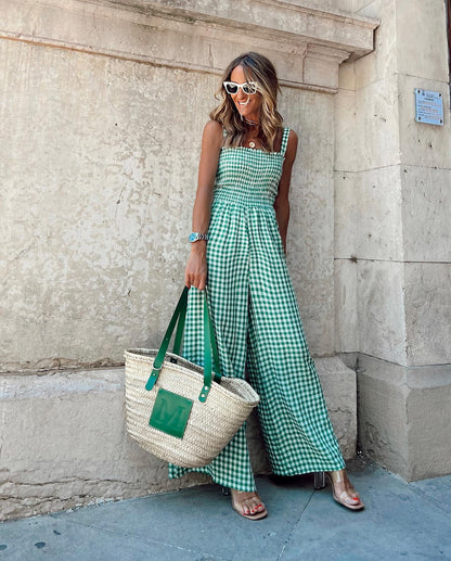 Summer Temperament Women's Trousers Plaid Jumpsuit Mid-Waist Casual Pants