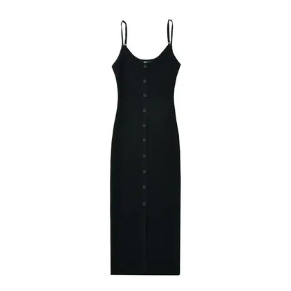Summer Single Breasted Rib Knitted Dress Women Spaghetti Strap Midi Split Dresses