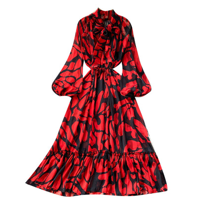 French Vintage Print Bohemian Maxi Swing Ruffled Pleated Loose Balloon Sleeve Dress