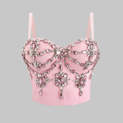 Worn Outside Pink Rhinestone Embroidery Heavy Work Bustier Sexy Fitted Strapless