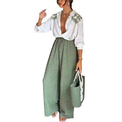 Spring and Autumn New Printed Long Sleeve Single Breasted Long Pants Set INS Casual Loose Two-piece Set