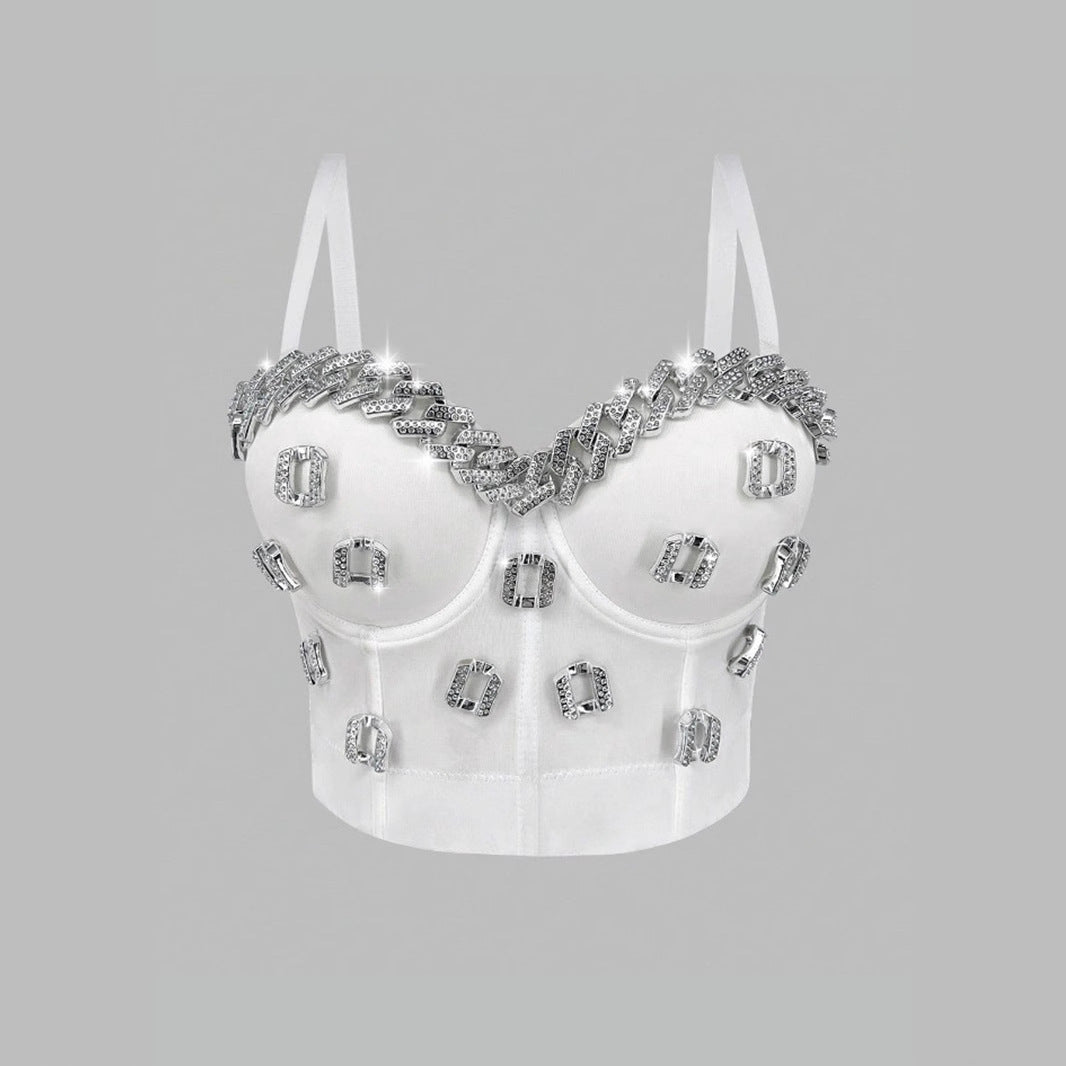 White Strapless Camisole Gathered Beaded Rhinestone Bustier Innerwear
