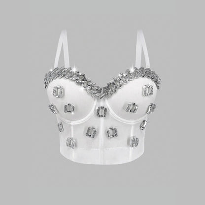 White Strapless Camisole Gathered Beaded Rhinestone Bustier Innerwear
