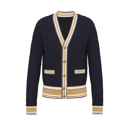 Stylish Striped Knit Sweater Cardigan Women Autumn Winter Long Sleeve V-neck Tops Single-breasted Fashion Vintage Jumpers