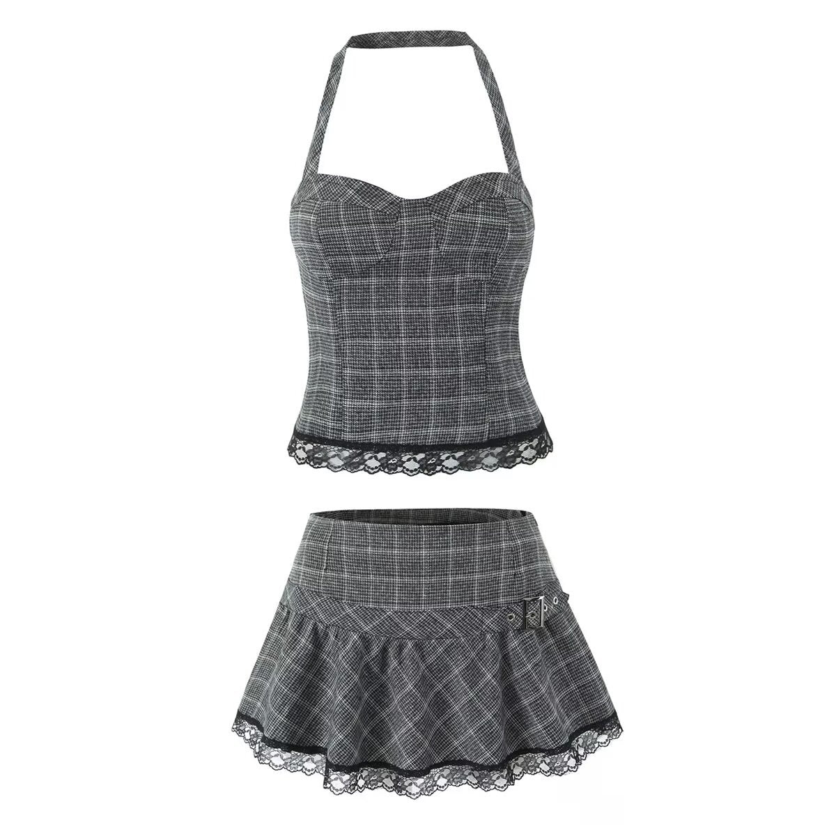 Lace neck top+plaid skirt