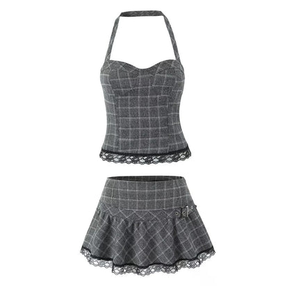 Lace neck top+plaid skirt