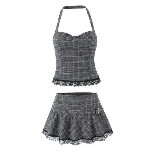Lace neck top+plaid skirt