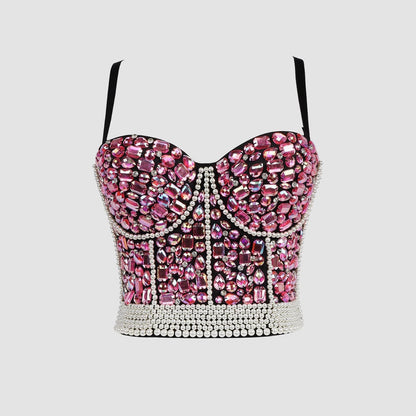 Rhinestone Beaded Fitted Bustier Bralette Camisole Small Strap