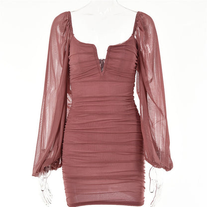 Temperament V-neck low-cut short skirt Summer hot sale new fashion lantern sleeve backless dress