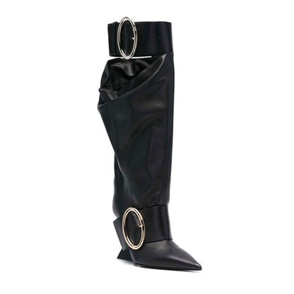 Large Boots Designer Fashion Pointed Shaped High Heels Women's Gold Belt Buckle Knee High Boots