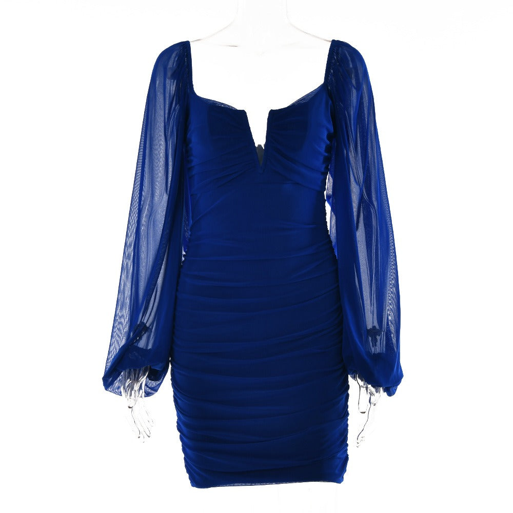 Temperament V-neck low-cut short skirt Summer hot sale new fashion lantern sleeve backless dress