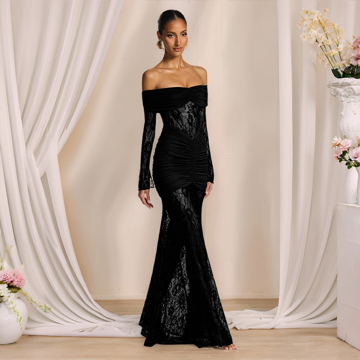 Elegant Lace Splicing One-Shoulder Long Sleeve Bodycon Dress for Women Evening Gown