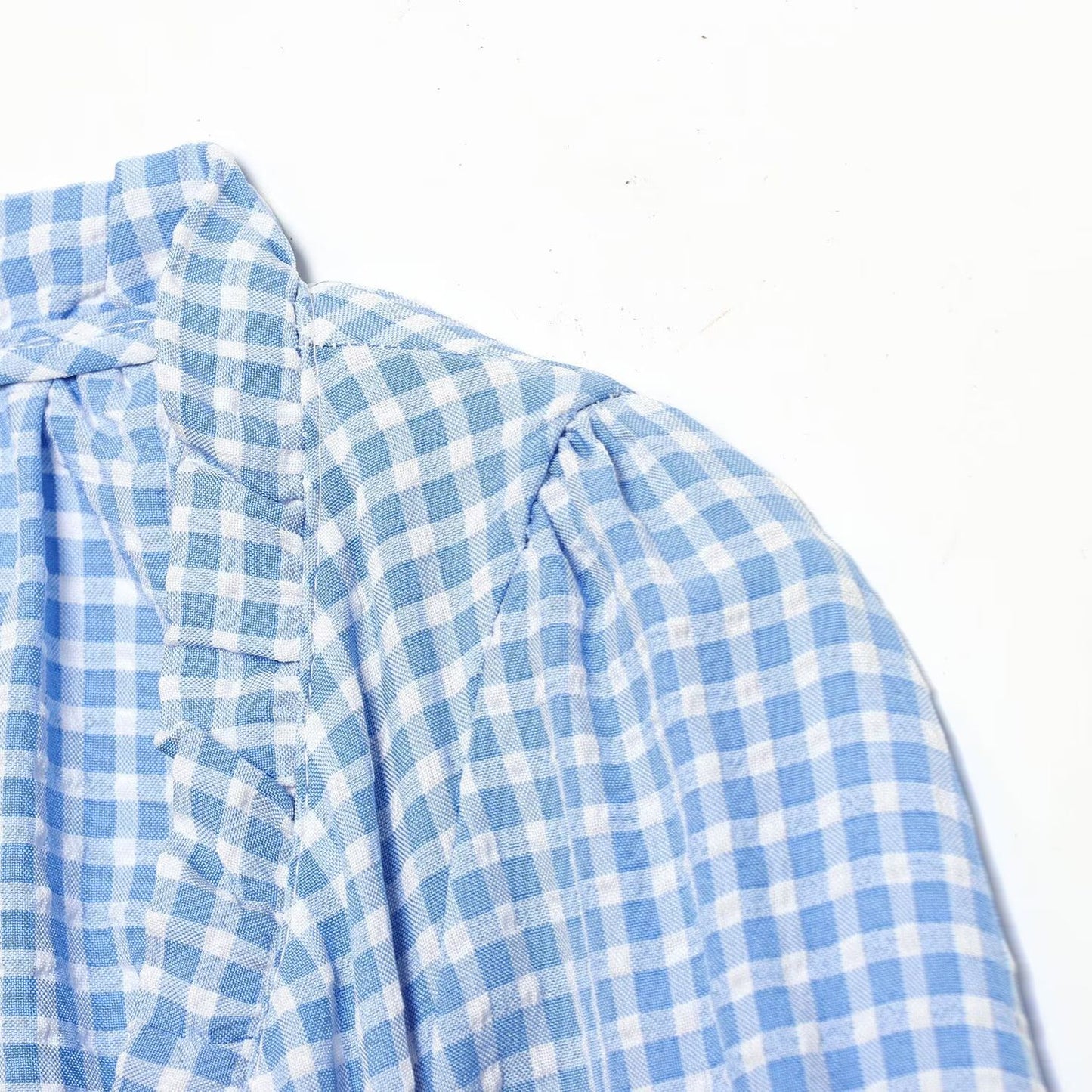 Pure Desire Style Square Neck Blue Grid Short Long Sleeve Top