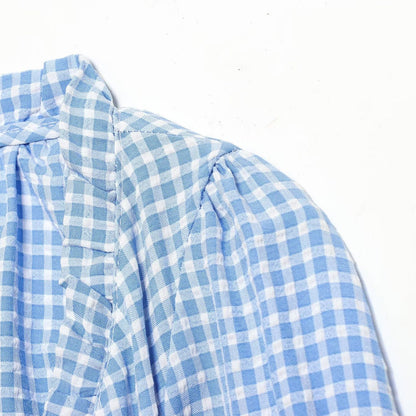 Pure Desire Style Square Neck Blue Grid Short Long Sleeve Top
