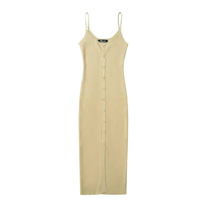 Summer Single Breasted Rib Knitted Dress Women Spaghetti Strap Midi Split Dresses