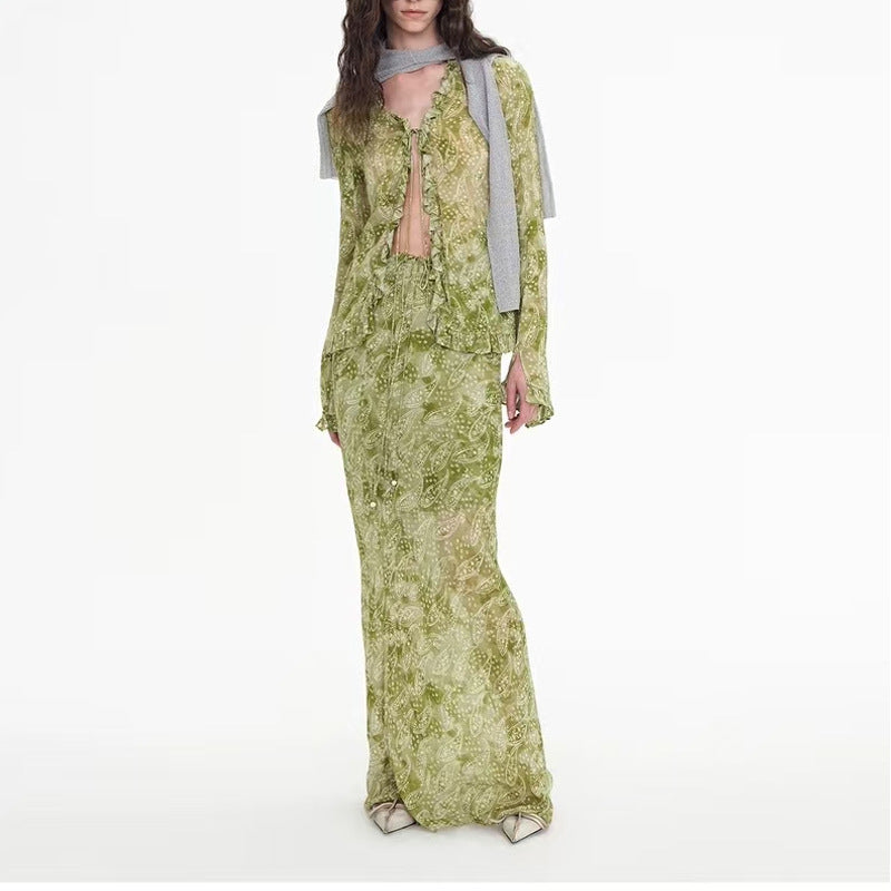 Sagestu Floating Green Ink Washed Paisley Long Dress Shirt Elegant Fashion Set Women's Designer Outfit
