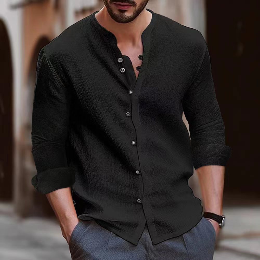 Men's retro cotton and linen casual loose long sleeved shirt