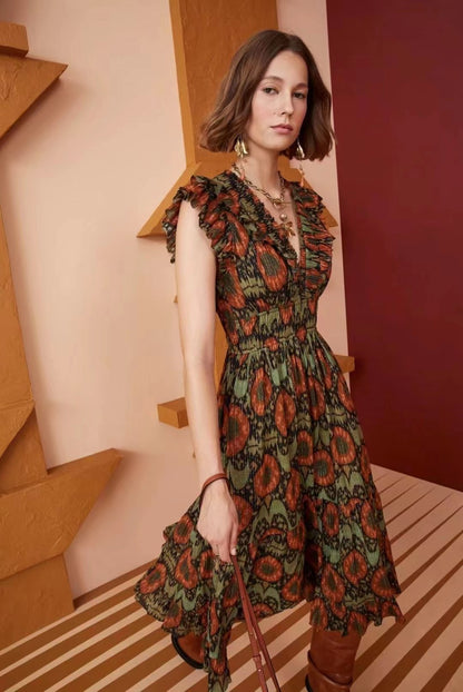 Abstract Print V-Neck Waist Slim Ruffle Dress Midi Dress