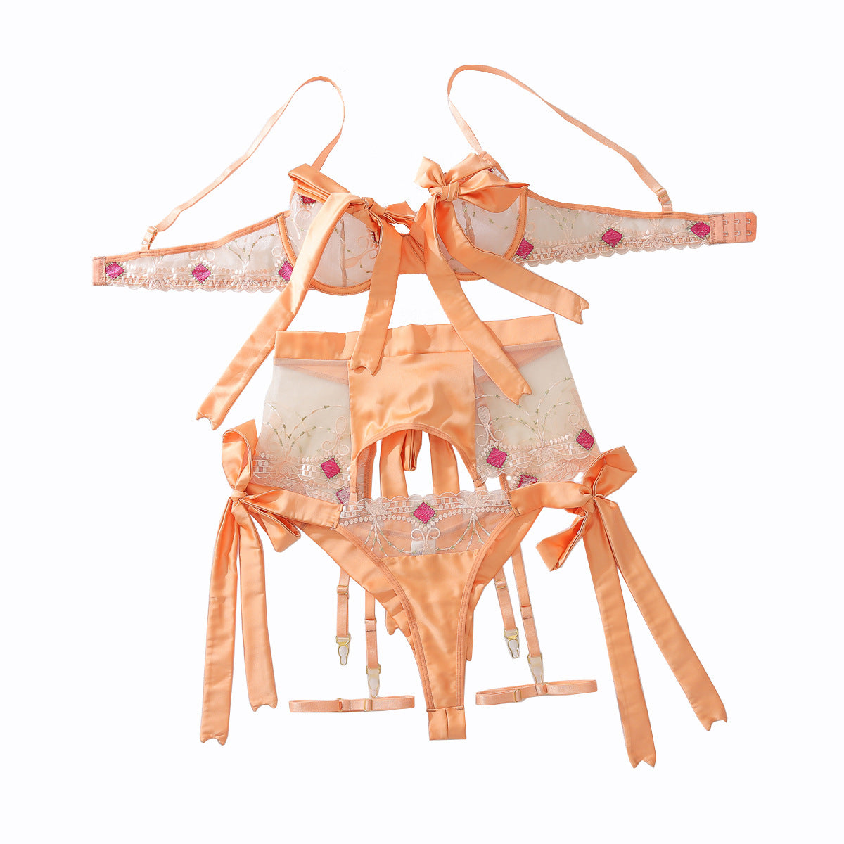 Embroidered patchwork bow tie gathering and shaping sexy lingerie split set