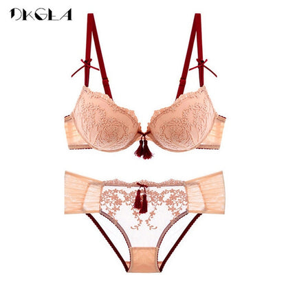 Palace Tassel Bra Set Push up Thick Cotton Brassiere Embroider Lingerie Set Lace Sexy Bras Women Underwear Set