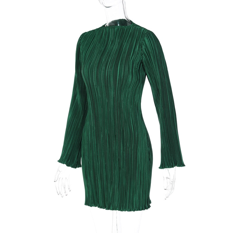 Hawthaw Elegante Lange Wijde Mouwen Geplisseerde Mini-jurk met Hoge Hals