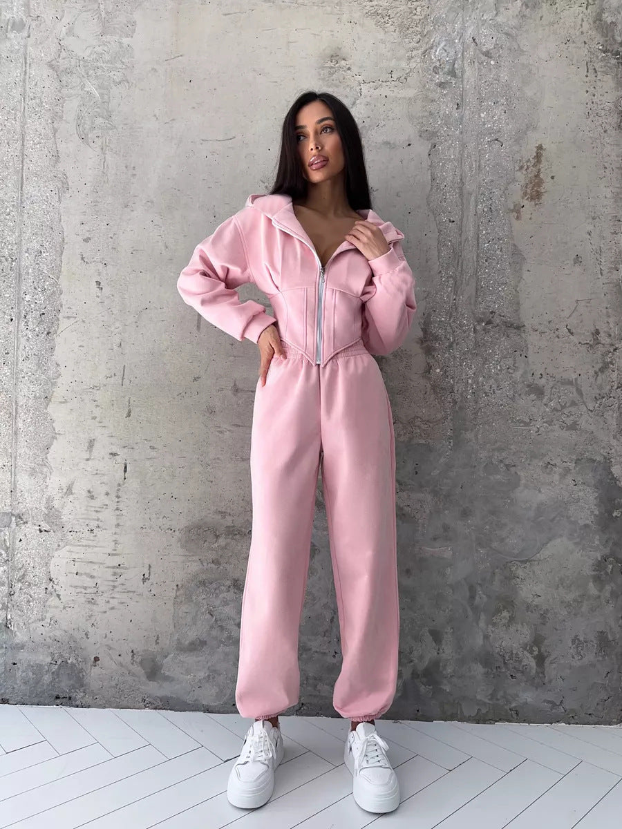 Women's Solid Color Waist Hoodie Pants Set