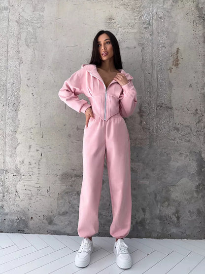 Women's Solid Color Waist Hoodie Pants Set