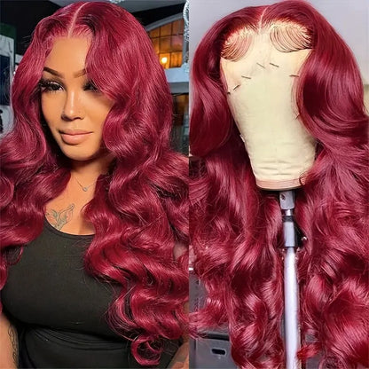 Lang krullend wijnrode synthetische lace wig