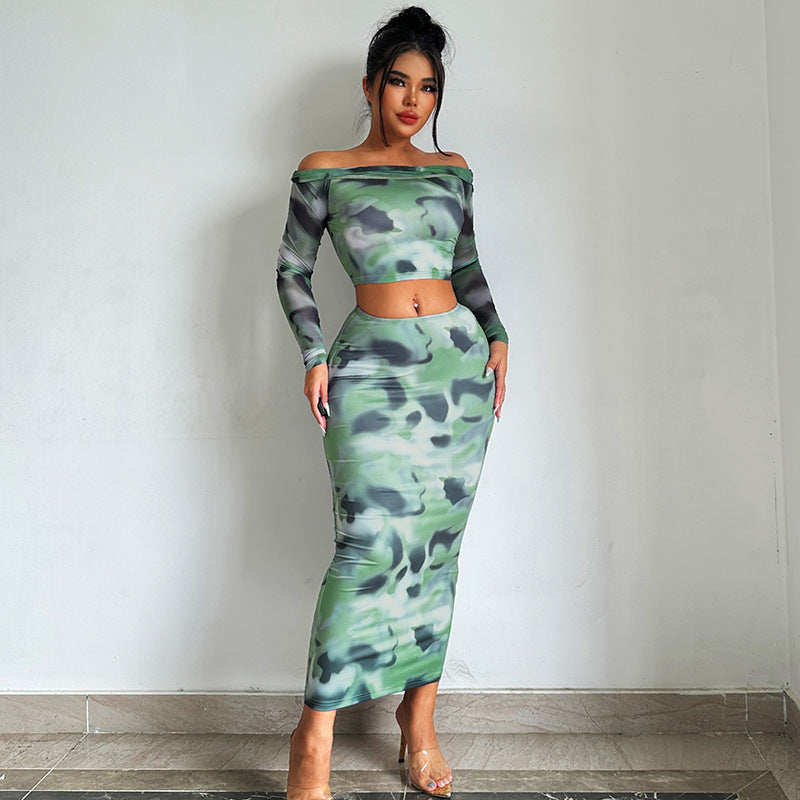 Long Sleeve One-Shoulder T-Shirt Slim Fitted Skirt Set for Women