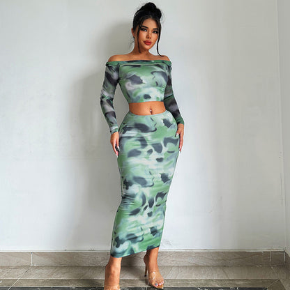 Long Sleeve One-Shoulder T-Shirt Slim Fitted Skirt Set for Women