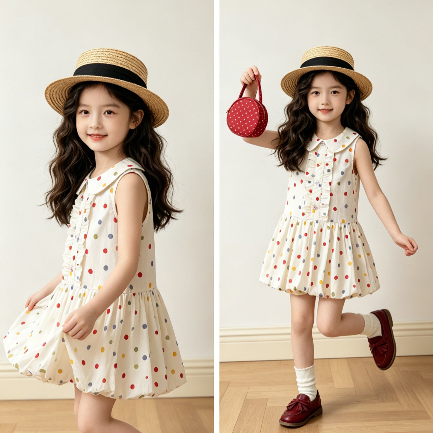 Cute Dress for Girls, Polka Dot Ruffle Sleeveless Peter Pan Collar Dress