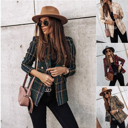 Autumn and winter new cross-border women's clothing hot selling suit long sleeved double breasted printed suit small jacket top
