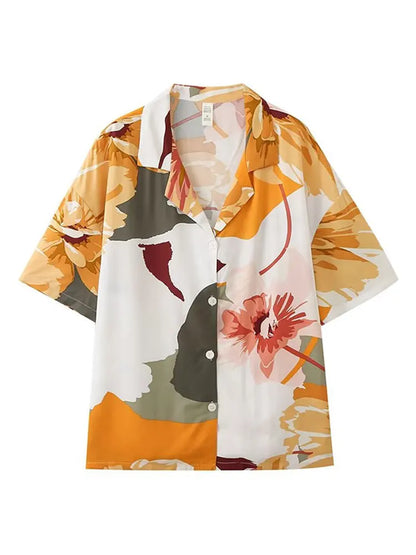 Women Fashion Printed Lapel Blouses And High Elastic Waist Straight Pants 2piece Sets Female Turn Down Collar Loose Shirt Set