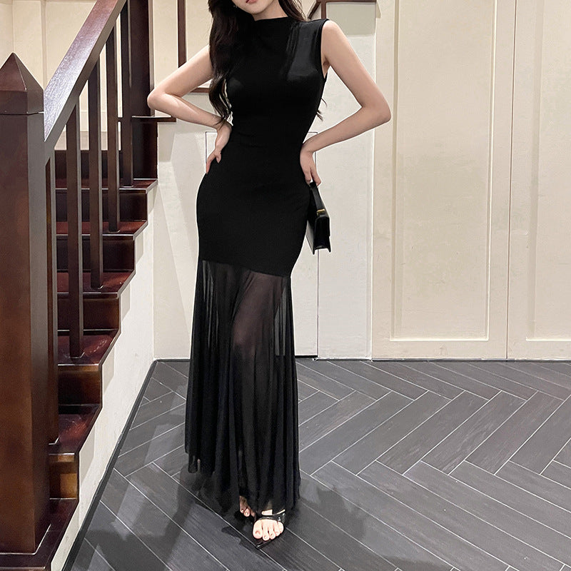 Gebreide mesh maxi-jurk met nauwsluitende pasvorm en patchwork-details