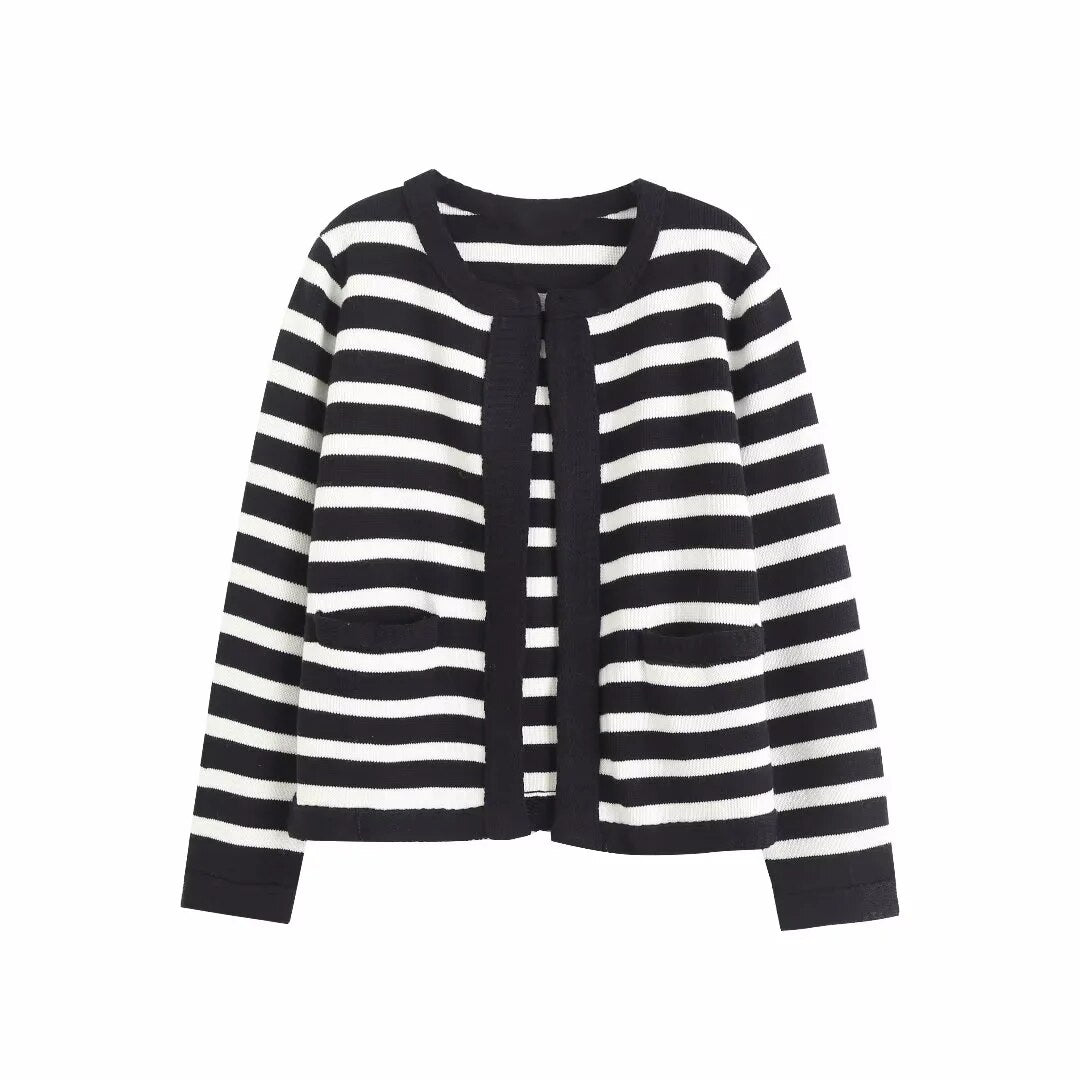 TRAF Women Skirt Sets Fashion Striped Knitted Cardigan Sweater+Mini Skirts Long Sleeve Casual Female clothing 2 pieces set