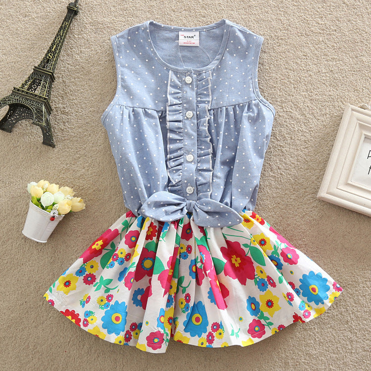 Floral pure cotton girls' polka dot embroidered short sleeved dress