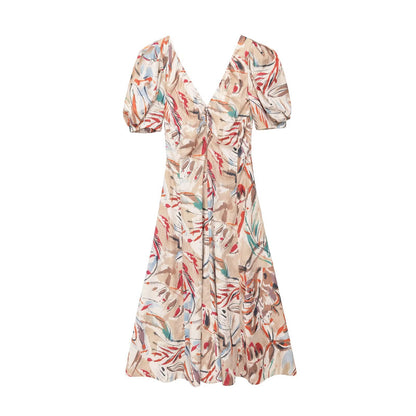 Bubble sleeve printed casual flute dress
