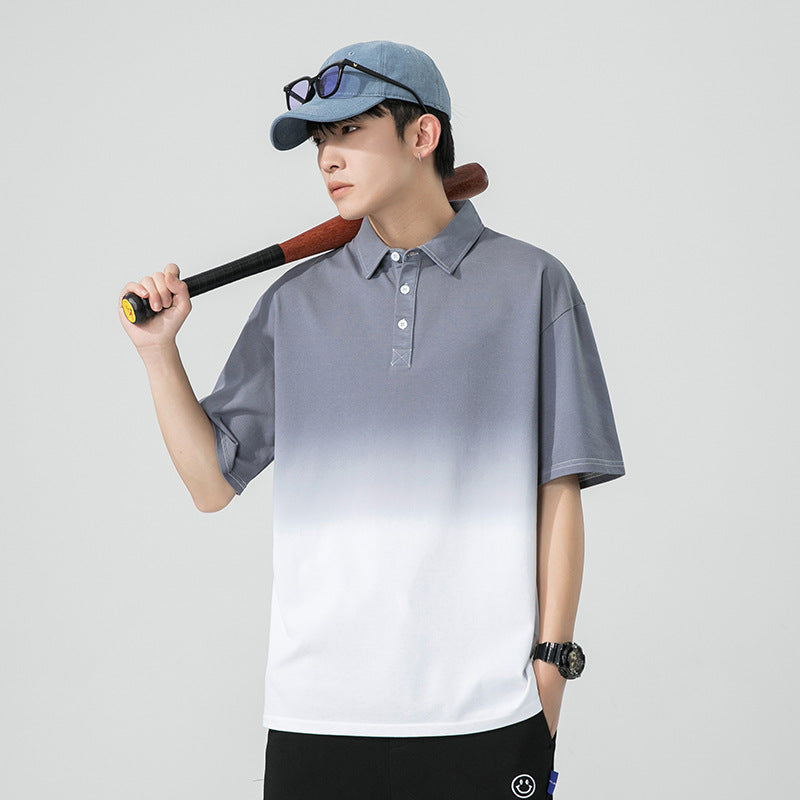 Grey gradient silk cotton lapel T-shirt for men