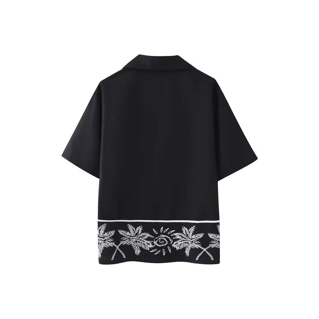 European and American summer new style fashionable lapel short sleeved black single breasted loose shirt