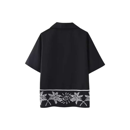 European and American summer new style fashionable lapel short sleeved black single breasted loose shirt