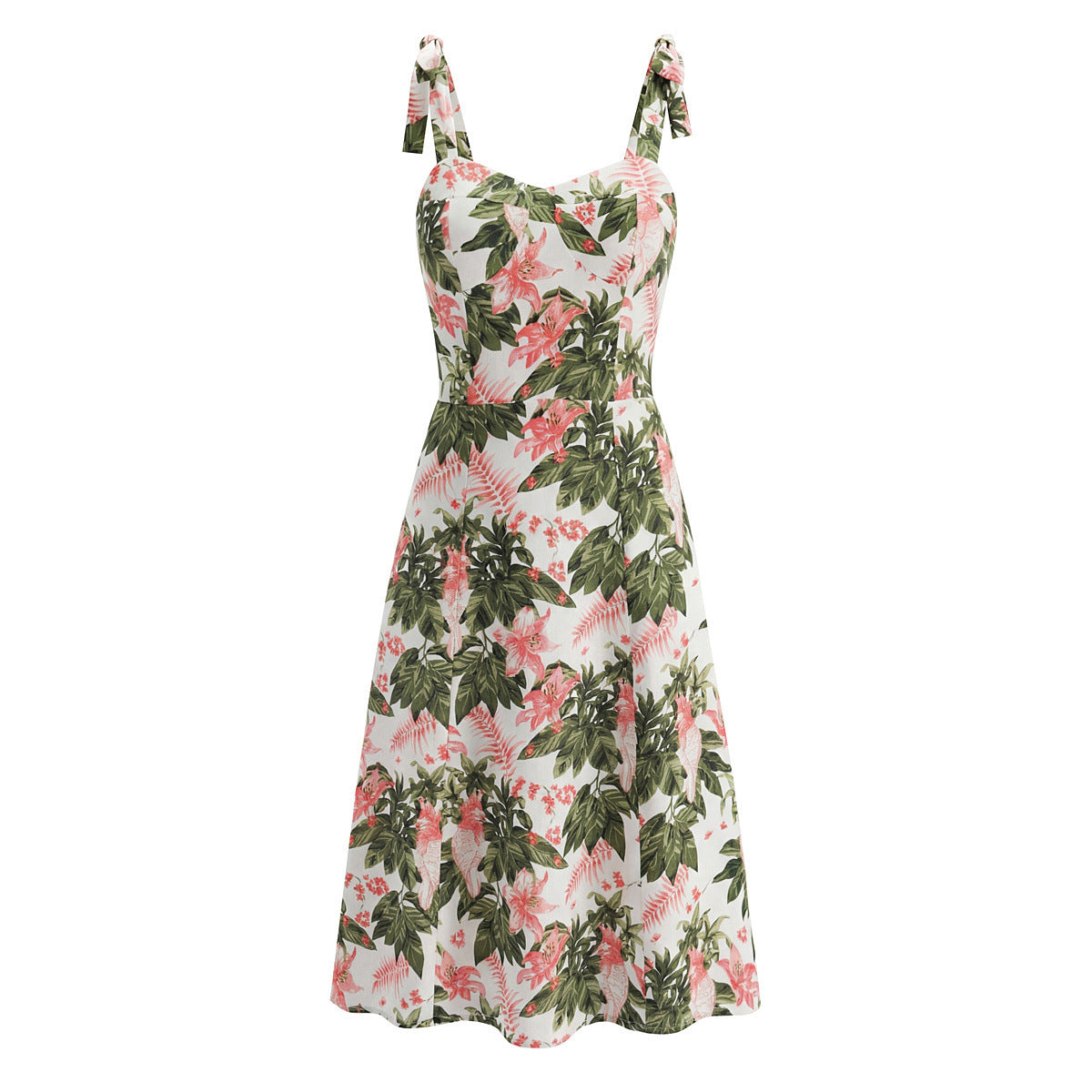 Getailleerde jurk met bloemenprint ceintuur en strikbandjes