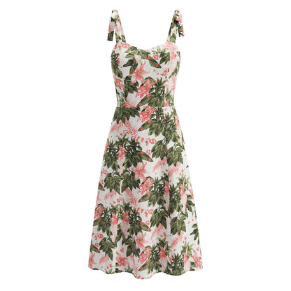 Getailleerde jurk met bloemenprint ceintuur en strikbandjes
