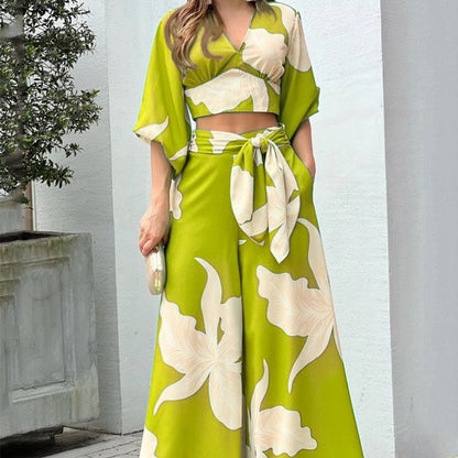 V-neck lantern sleeve short top high waist and wide leg pants