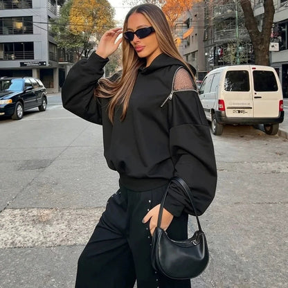 Niche Design Backless Hollow-Out Mesh Hoodie Loose Sweater