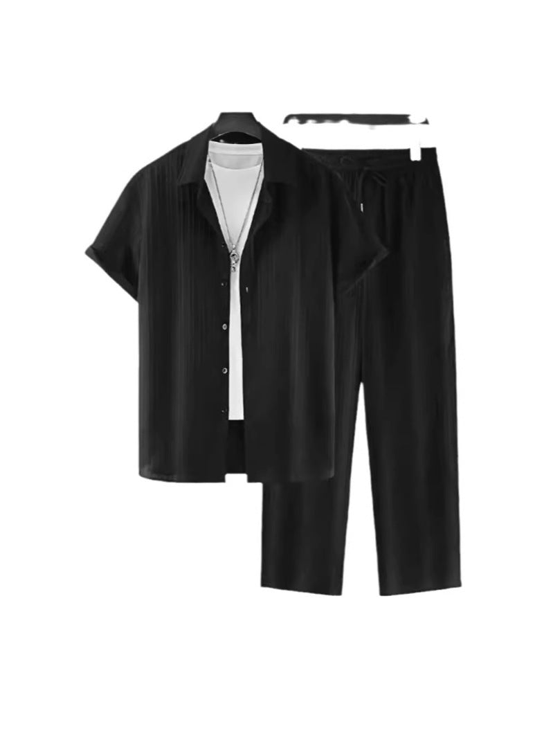 Men's Striped Short-Sleeve Shirt and Drawstring Pants Set