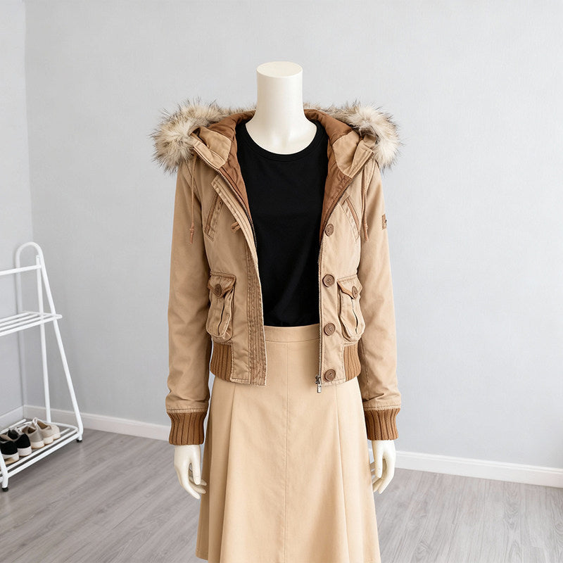 Washed Distressed Slim Jacket with Fur Collar
