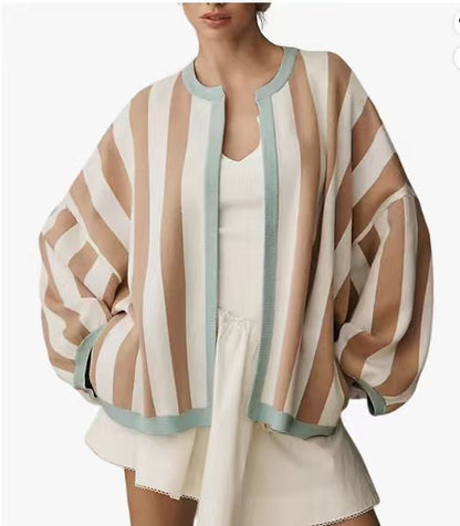 Women's Oversized Color-Block Striped Loose Knit Cardigan